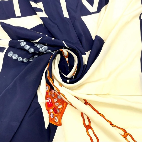Chanel Navy White Mademoiselle Gripoix Silk Scarf - Picture 3 of 16